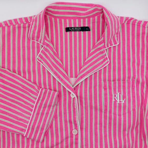 Lauren Ralph Lauren Women's XL Sleepshirt Pink Green Striped Button Up Cotton - Picture 1 of 9